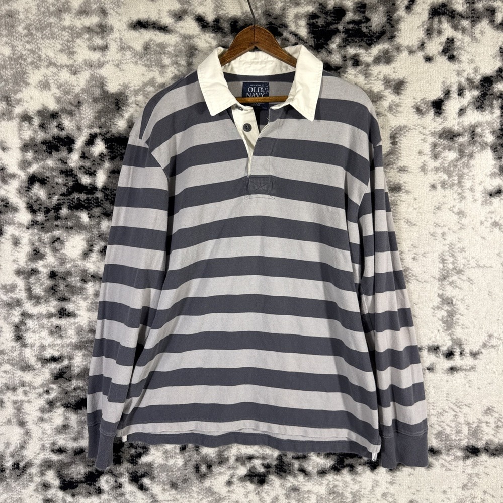 Old Navy Rugby Shirt Mens Size Large Gray Striped Preppy y2k Long Sleeve Uni